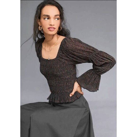 Like New Anthropologie Metallic Square Neck Smocked Top - Picture 2 of 5